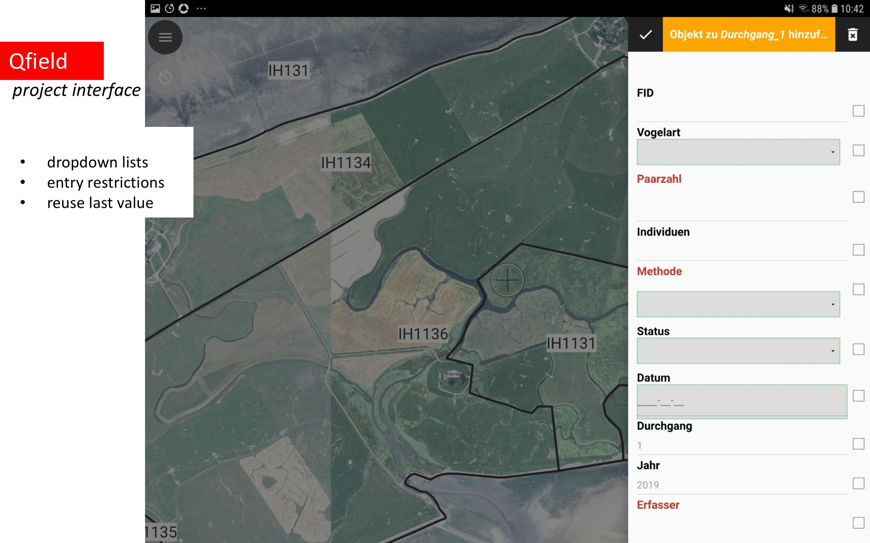 Sketch of the QField Interface. For data entry we used a geopackage file with custom dropdown list and entry restrictions.
