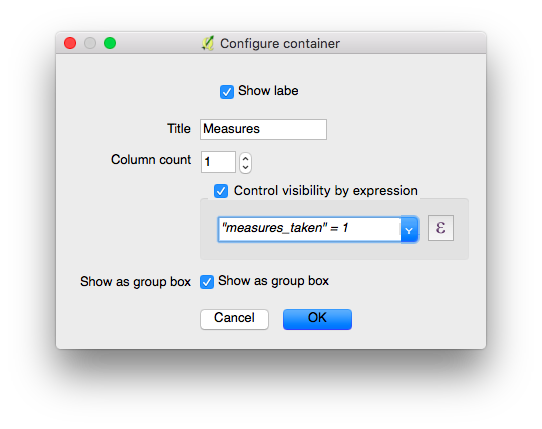 Configuration of a group box that will only be shown if the checkbox "measures_taken" is checked.