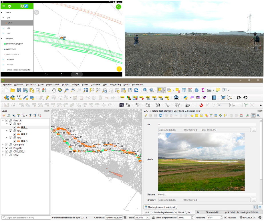 Figure 1 - An example of the same Survey GIS platform project in QGIS (below) and in QField (above). Image by Giuseppe
Guarino 2019.
