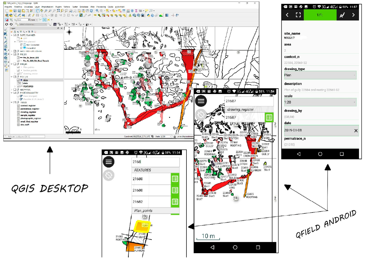 Figura 3 - Un esempio dello stesso progetto di piattaforma GIS di scavo in area aperta in QGIS (sopra) e in QField (sotto). Immagine
di Roberto Montagnetti 2019.