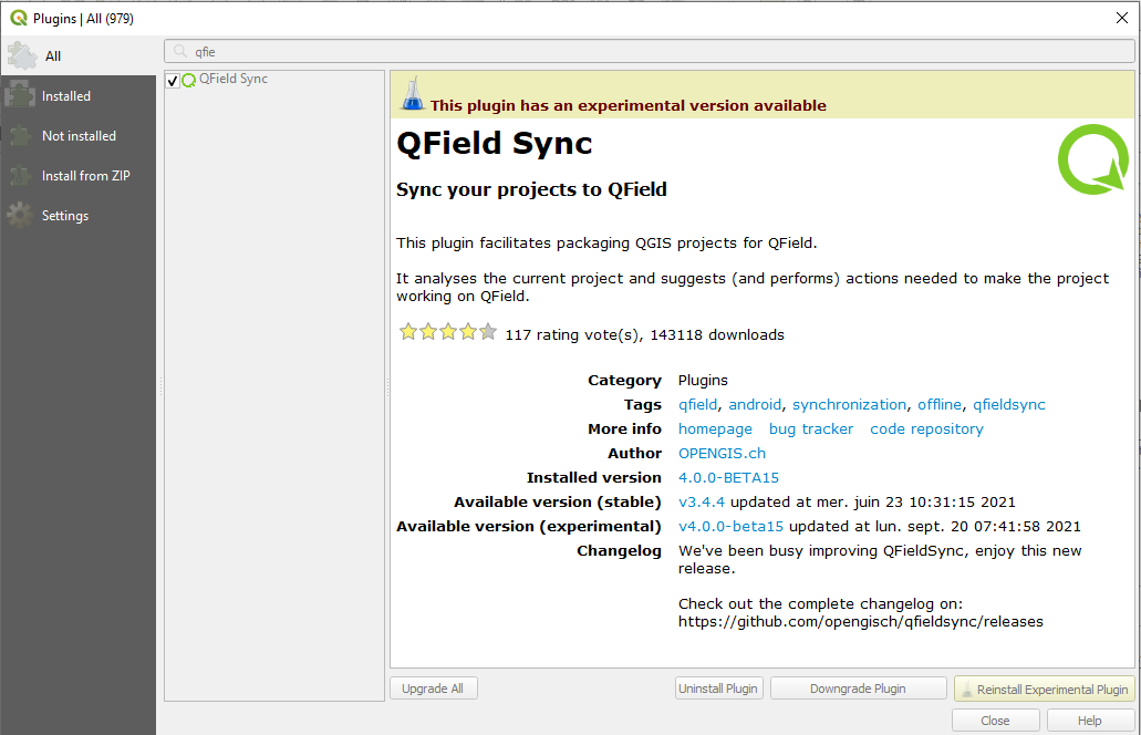 QField Sync en el repositorio de complementos de QGIS
