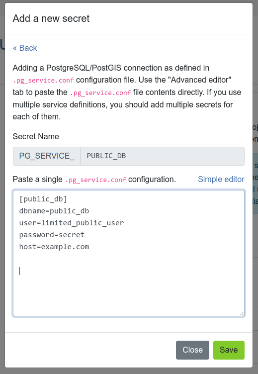 Adding a PostgreSQL service - Advanced editor.